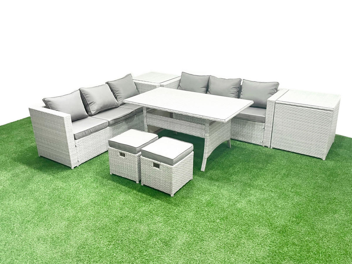 GARTENMÖBEL SET mit Esstisch,2 Hockern,2 Beistelltischen Polyrattan Hellgrau 8-Sitzer - Hellgrau/Grau, Glas/Kunststoff - Fimous