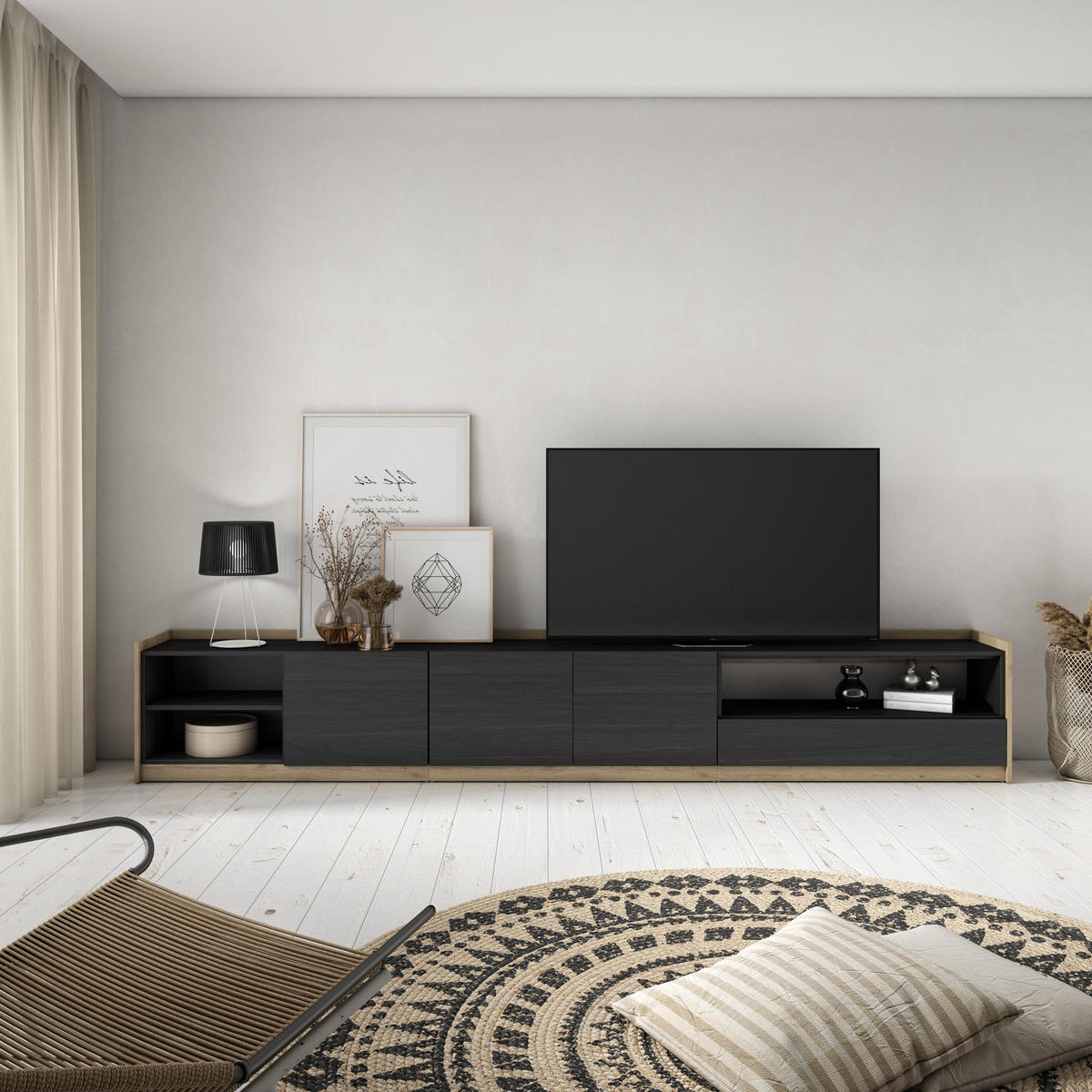 TV-SCHRANK, Lowboard, Schwarz Eiche, 310/37/50cm - Schwarz, Holzwerkstoff (310/50/37cm) - Skraut Home