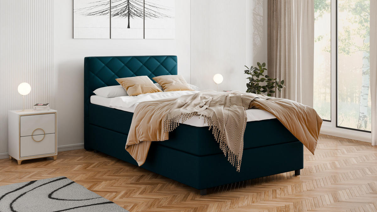 BOXBETT Diamaro 120x200 cm mit Bettkasten und Topper - Dunkeltürkis - Türkis, Holz (120/215cm) - Panda Möbel