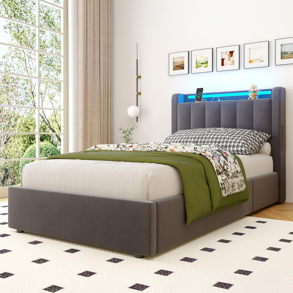 POLSTERBETT 90/200 cm in Grau, mit Bettkasten, Stauraum, USB und LED Beleuchtung, ohne Matratze - Grau, Holzwerkstoff/Textil (90/200cm) - WISHDOR