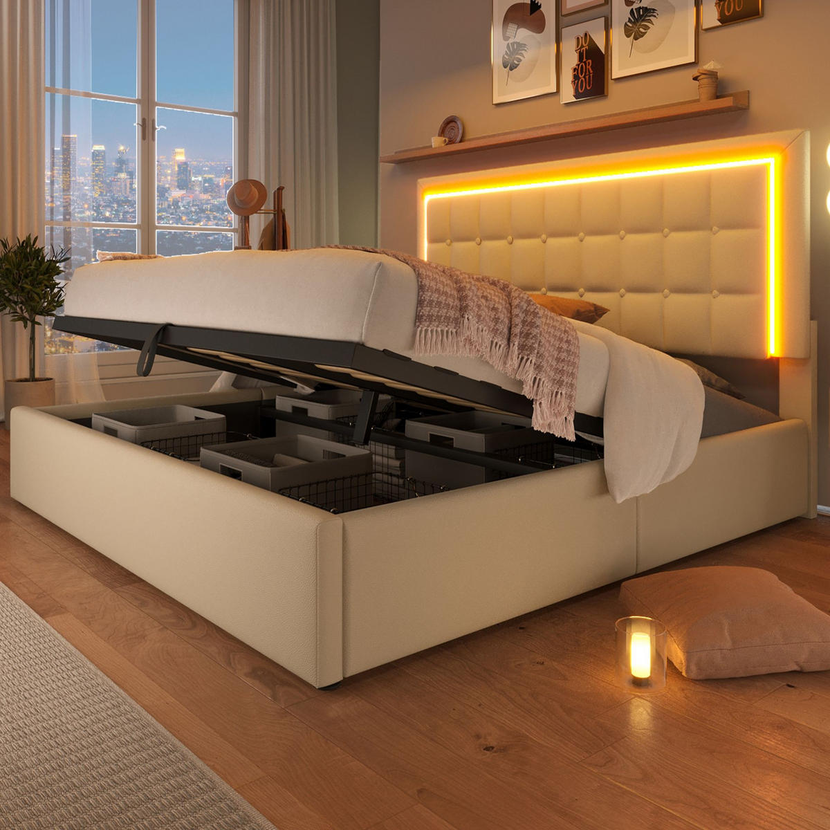KLÄDD SÄNG 180/200 cm i vit PU med LED-belysningslist - Vit, Trä/Textil (180/200cm) - KOMHTOM