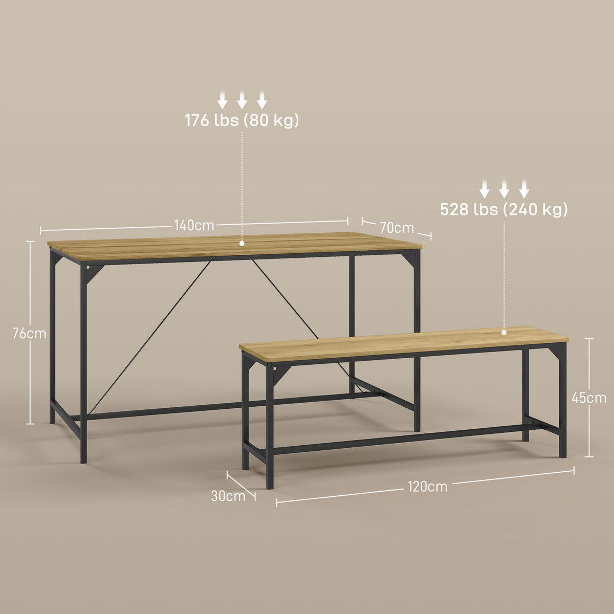 ESSGRUPPE, Spanplatte, Stahl, Naturholz - Naturfarben, Kunststoff (70/76/140cm) - HOMCOM