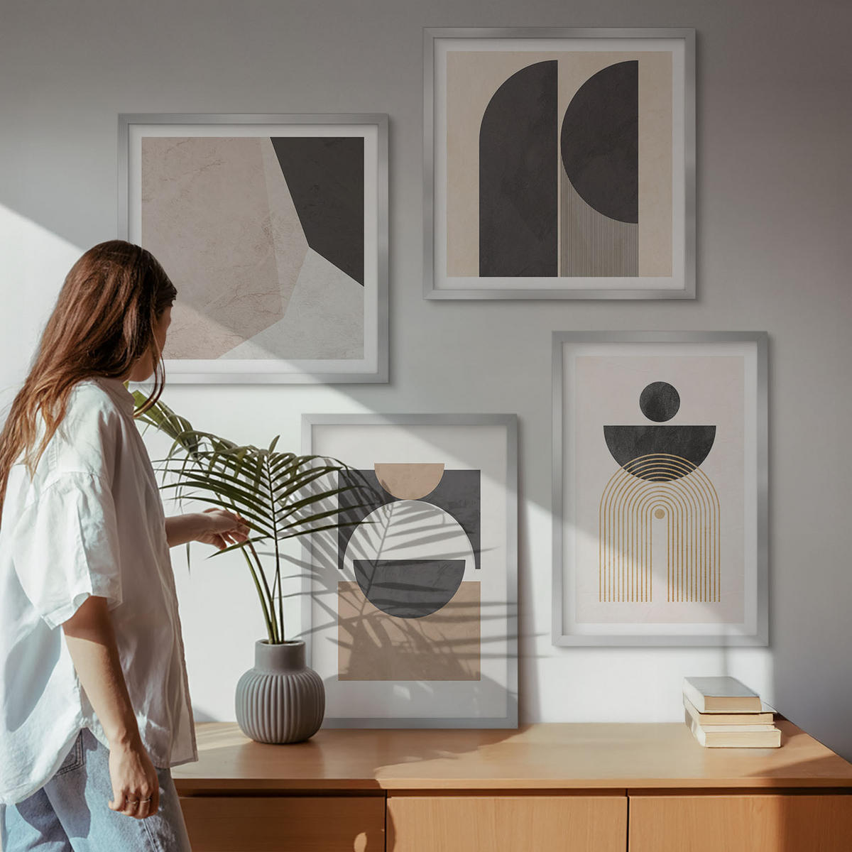 WANDBILDER 4er Set - 50x50 cm & 40x60 cm Silberner Rahmen - Abstrakte Formen beige braun - Silberfarben, Kunststoff (50/50cm) - ArtPrintCave