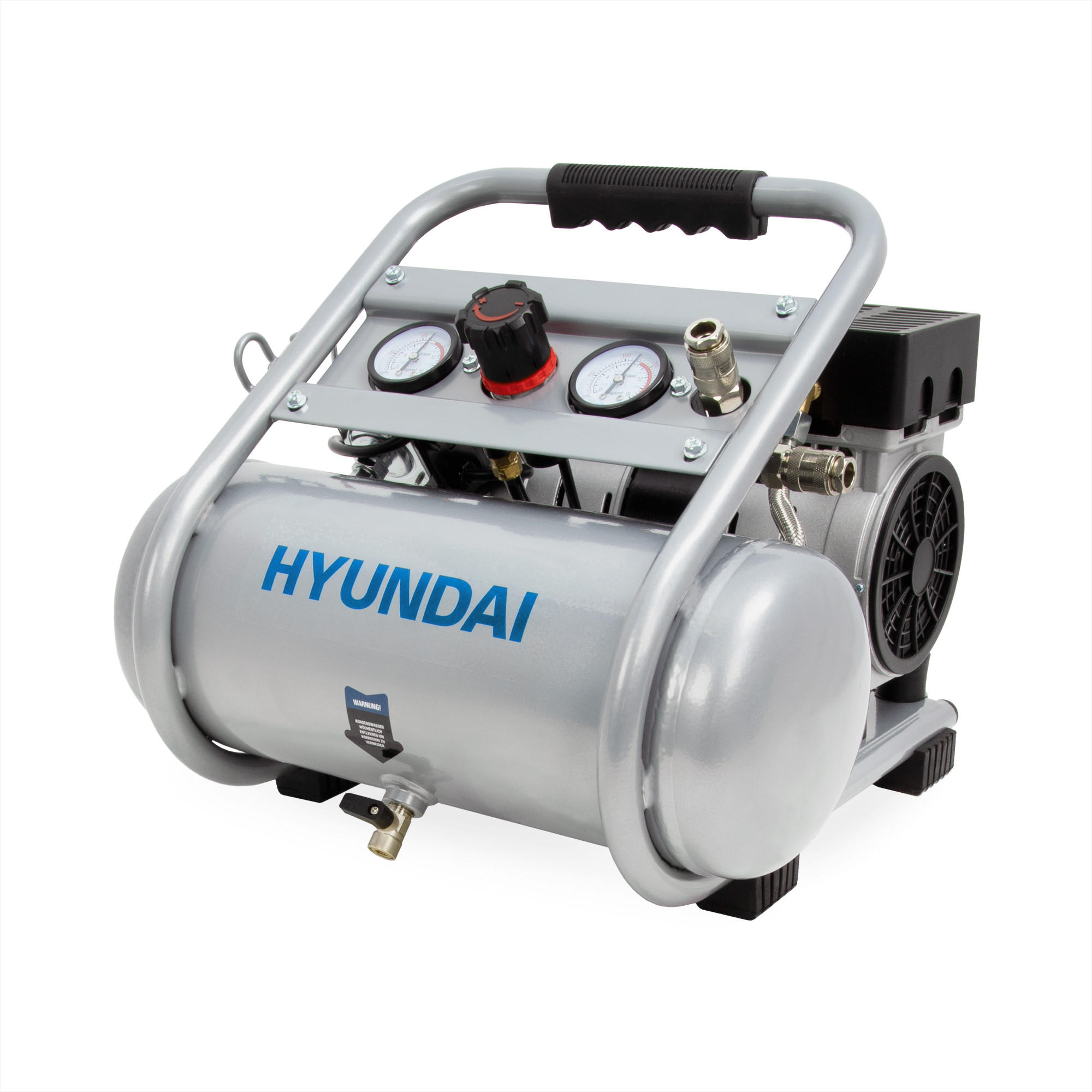 SILENT Kompressor SAC75008 (9 bar, 8L, tragbar, ÖLFREI, 49 dB, 750 W / 1 PS) - Silberfarben, Metall (41/41/35cm) - HYUNDAI