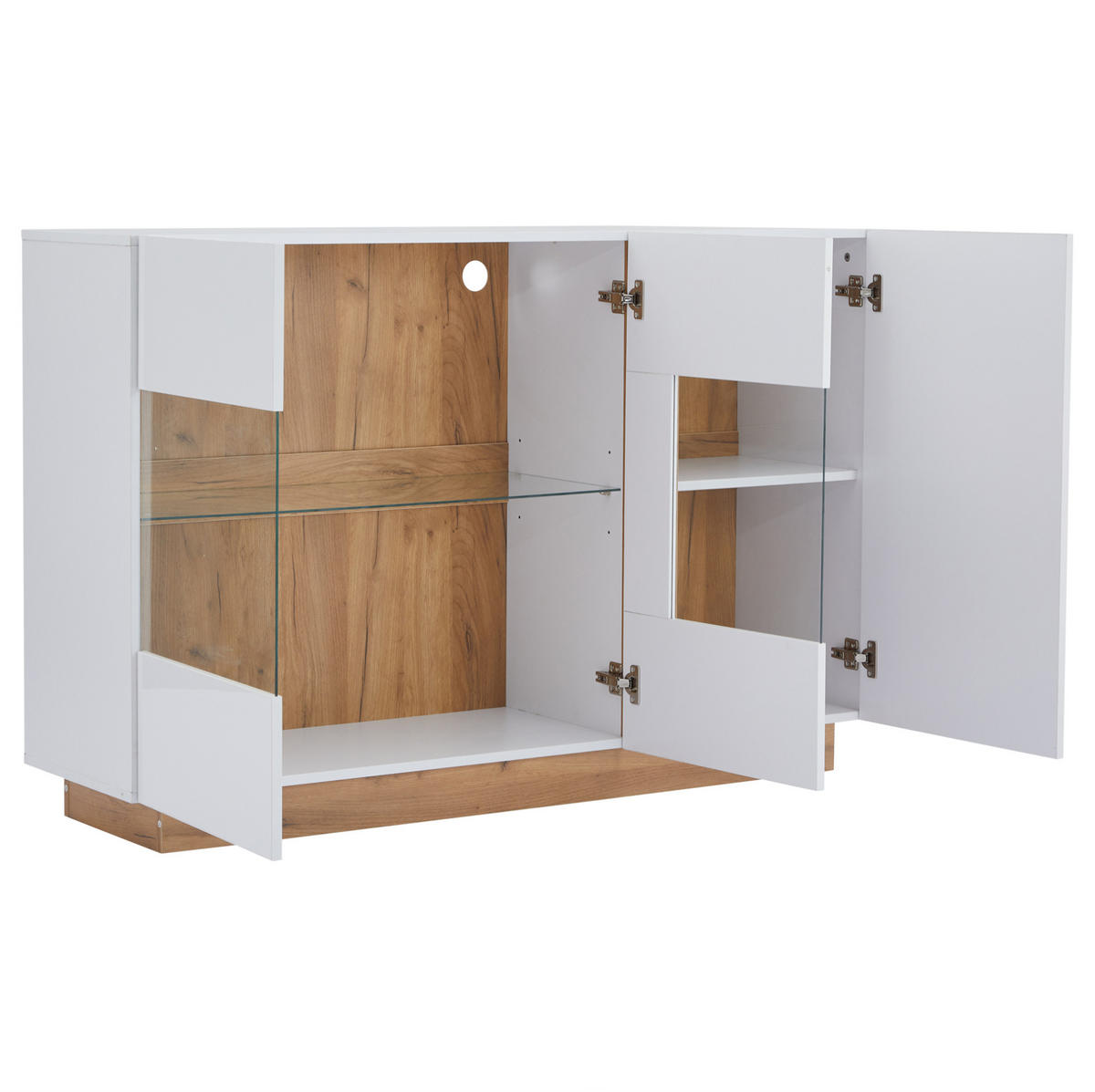 SIDEBOARD aus Spanplatte 138x38,5x90,5 cm Weiß mit RGB-LED, Glasdetails und 3 Türen in Hochglanz - Weiß, Holzwerkstoff (138/90.5/38cm) - Modfu