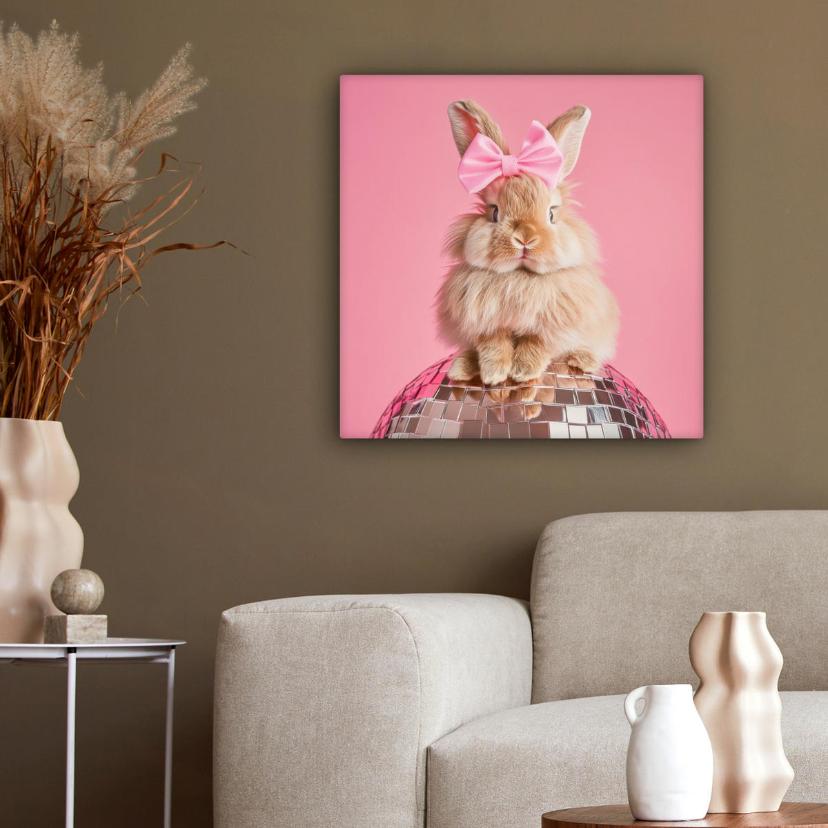 LEINWANDBILD Schleife - Discoball - Kaninchen Wandbild Wohnzimmer 50x50 cm - Pink, Textil (50/50cm) - MuchoWow