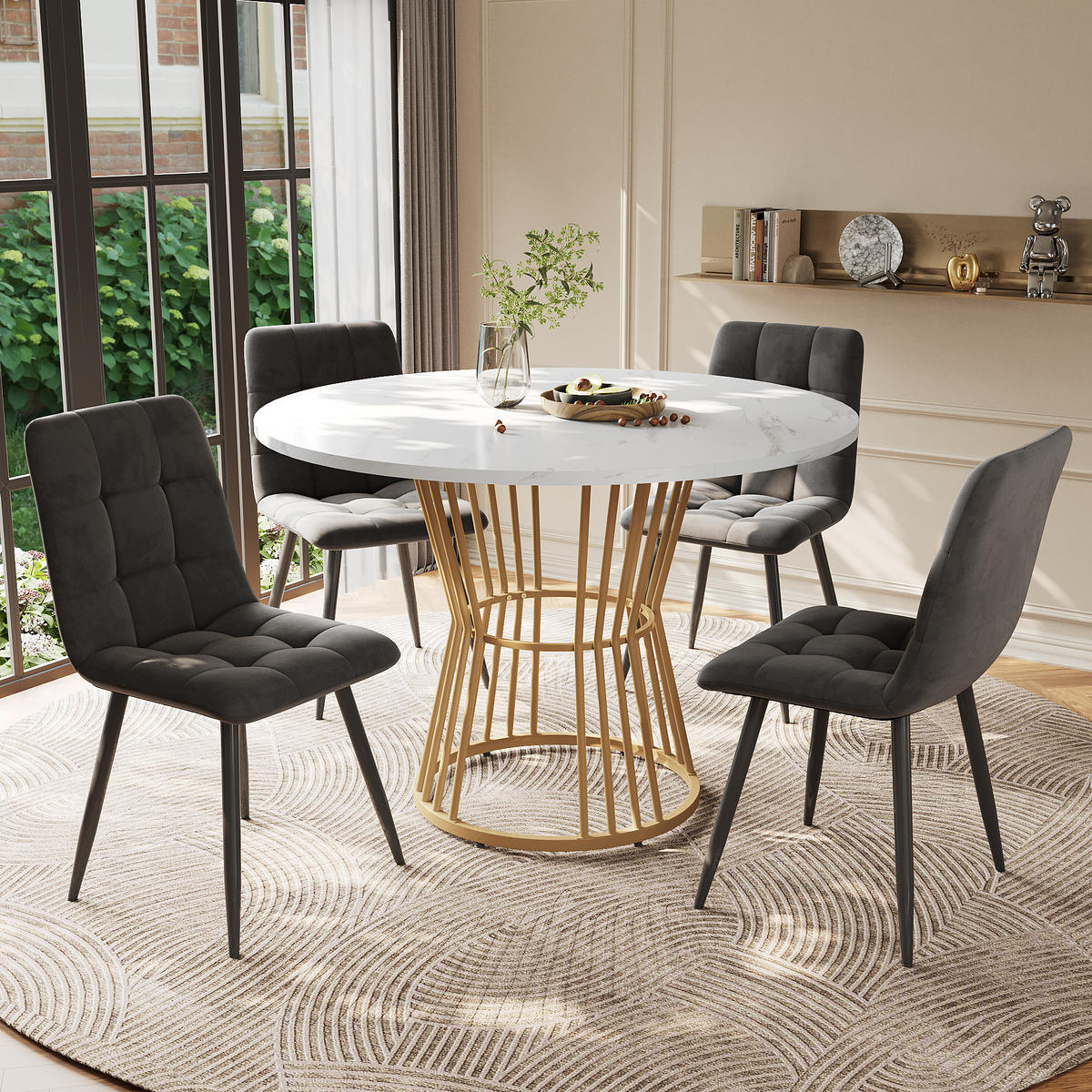 ESSTISCHSET 5-Teilig Mit 4 Stühlen, Rund 100 Cm, Weiß, Grau Samt - Grau, Holzwerkstoff (100/75/100cm) - FLIEKS