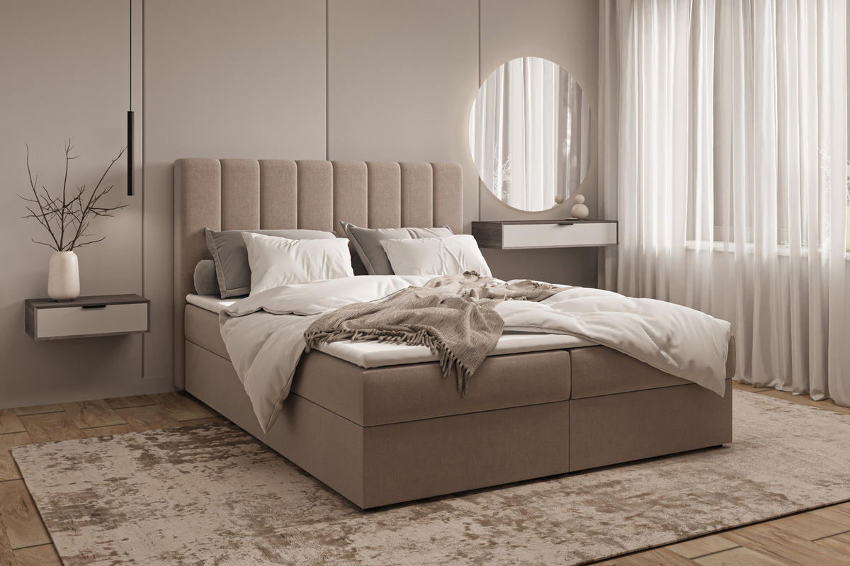 BOXBETT 01 140 x 200 cm - Manila – Stilvoll und bequem Mit Bettkasten, PU-Topper, Federmechanismus, waschbarer Bezug - Braun, Holz (140/200cm) - ROYAL24_MARKT