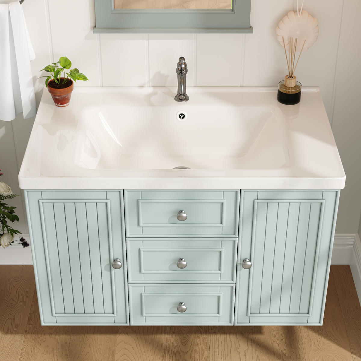 WASCHTISCH 78.5x46x46.8cm Grün Mit 3 Schubladen & Waschbecken - Grün, Holzwerkstoff (46/46.8/78.5cm) - FLIEKS