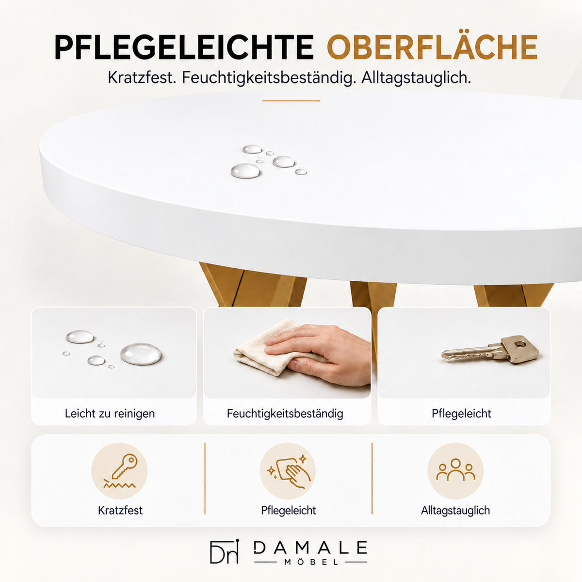 ESSTISCH rund ausziehbar 90/190/76 cm, Weiß, 54 cm Tischplatte + X Metallbeine Gold - Goldfarben/Weiß, Holzwerkstoff/Metall (90/190/76cm) - Damale Möbel