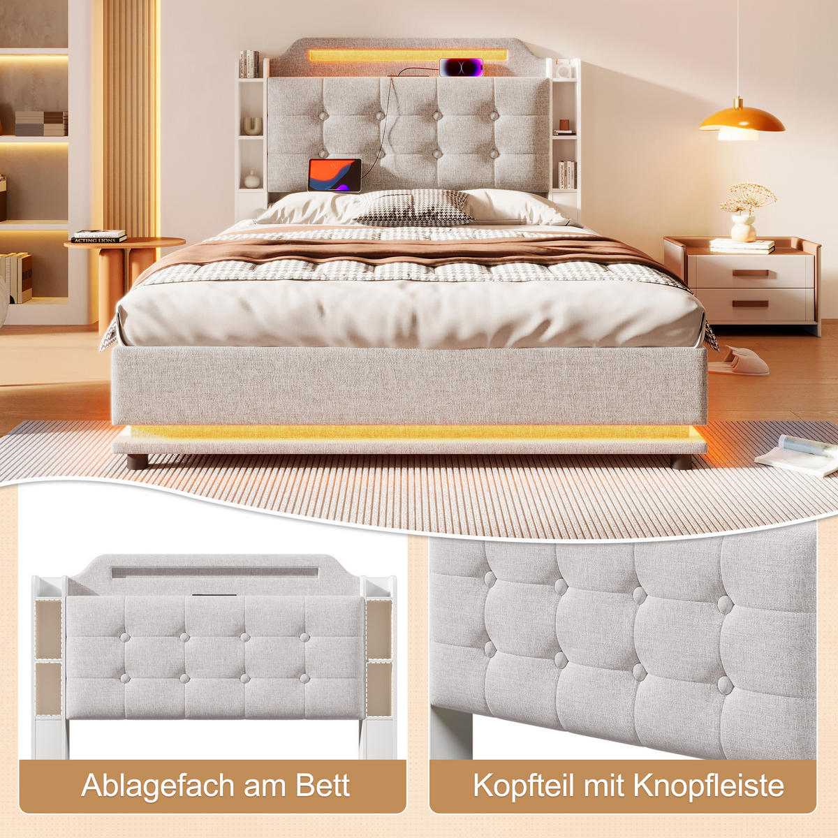 POLSTERBETT 140x200cm Beige Leinen LED-Licht Hydraulik USB-C - Beige, Holz (140/200cm) - FLIEKS