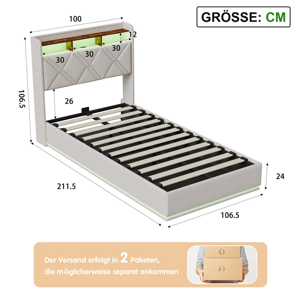 POLSTERBETT 90/200 cm Beige mit hydraulischem Stauraum, LED mit Ablage und USB - Beige, Metall (90/200cm) - EuroLiving