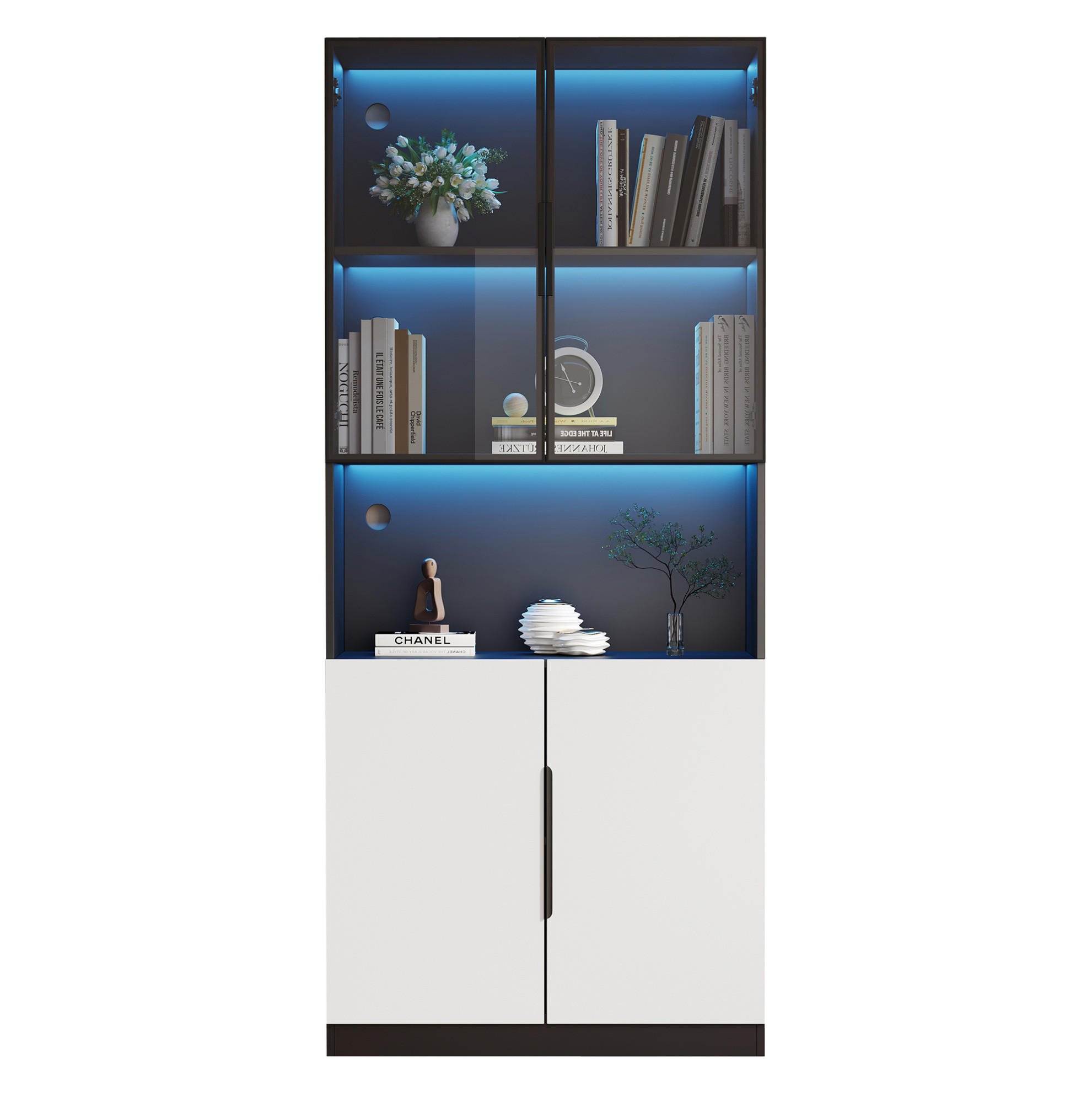 VITRINA 80/30/200 cm bijela/crna s LED osvjetljenjem i staklenim vratima - bijela, drvni materijal (80/200/30cm) - BEAOK