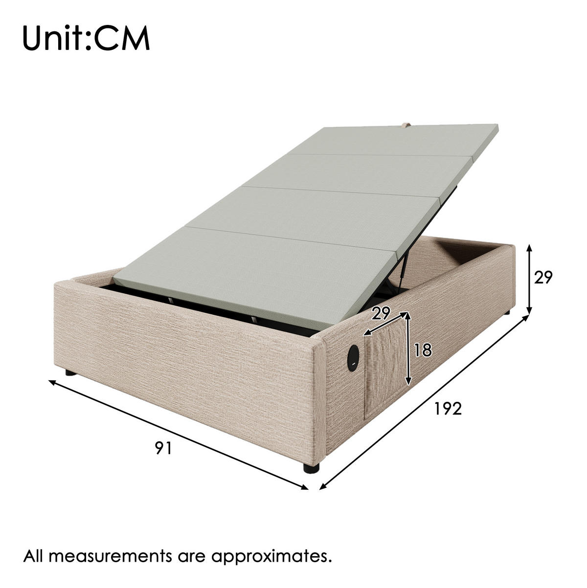POLSTERBETT aus Leinen 90x190 cm in Natur mit USB-C & Stauraum - Beige, Textil (90/190cm) - Modfu