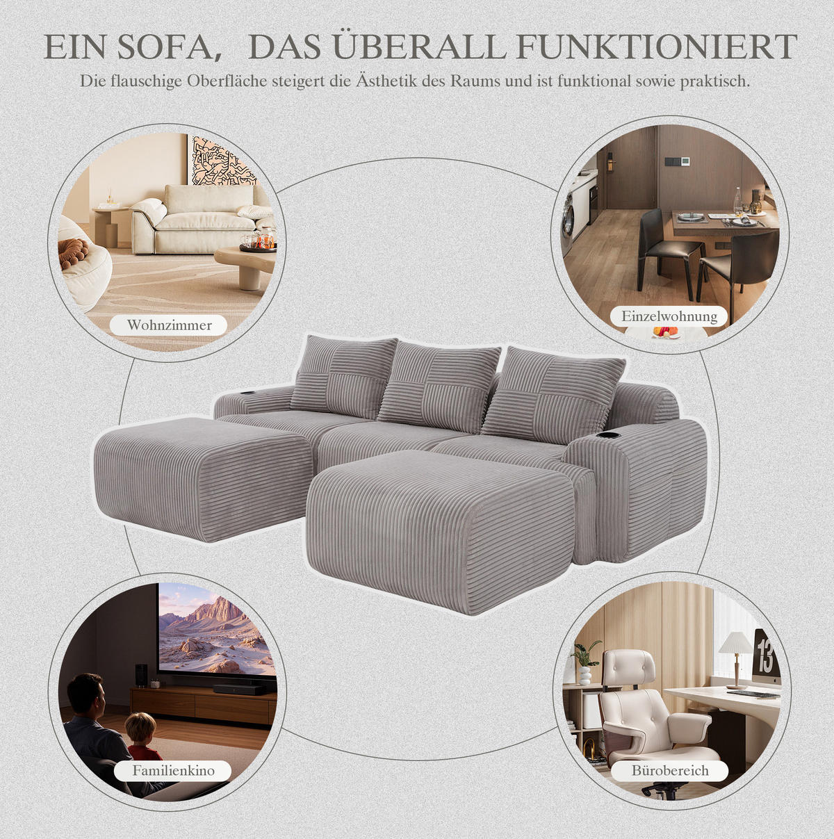 3-SITZER Wohnlandschaft Cord mit 2 Hockern und Getränkehalter 268/174/80 cm Hellgrau - Hellgrau, Textil (174/80/268cm) - Redom