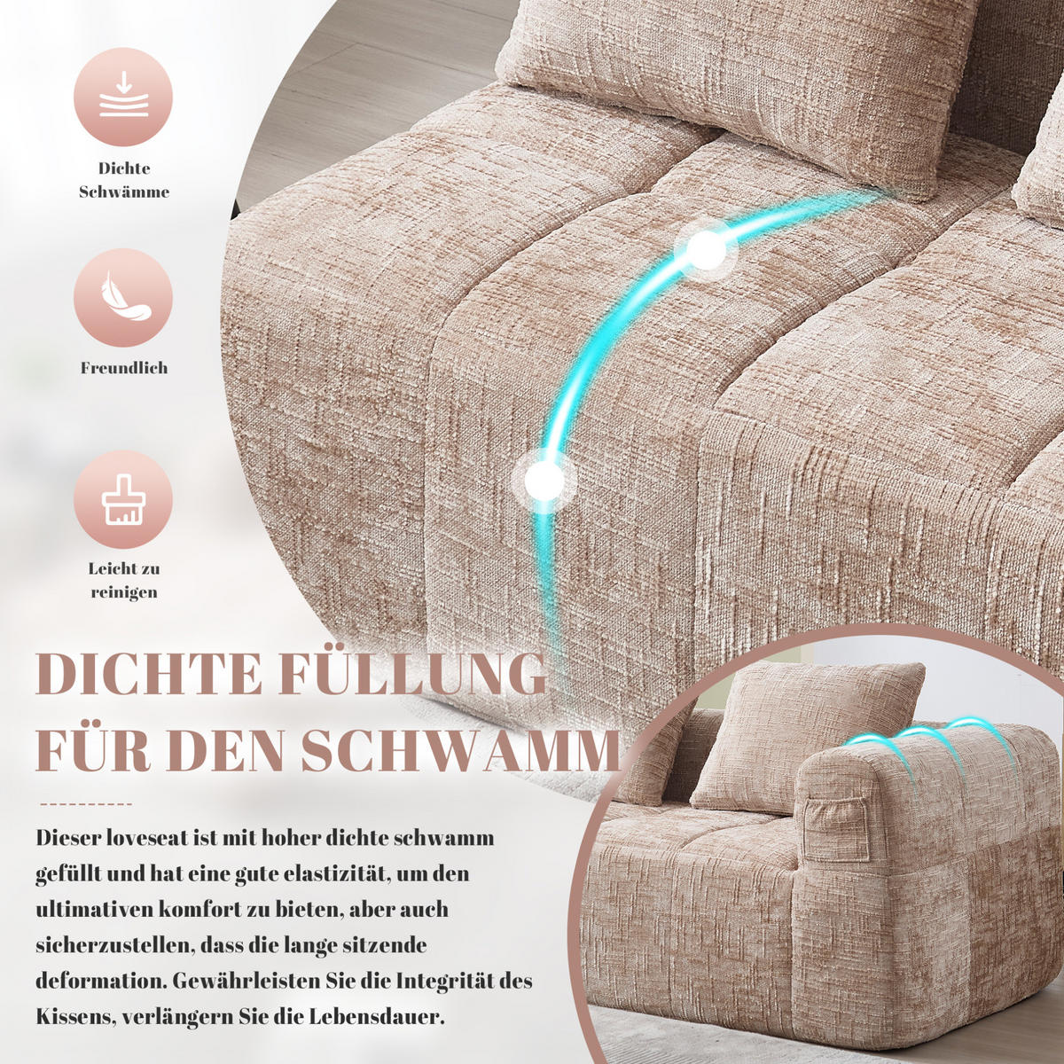 2-SITZER-SOFA 158/90/60 cm khaki aus Chenille mit Seitentaschen - Sandfarben, Textil (60/158/90cm) - Modenvie