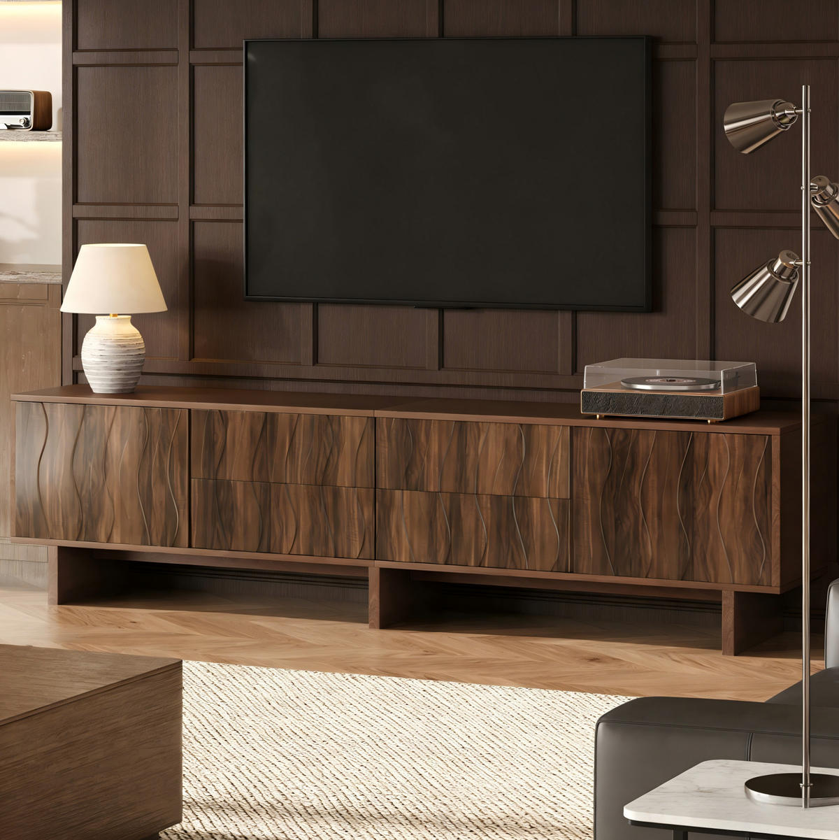 TV stolík 180/40/56 cm tmavý orech z drevotriesky s vlnitým dizajnom, 4 zásuvkami a 2 dvierkami - hnedá, kompozitné drevo (180/56/40cm) - OKWISH