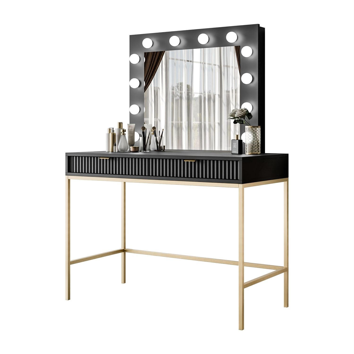 SCHMINKTISCH MIT SPIEGEL CORTADO GOLD T104 SCHWARZ - Schwarz, Holzwerkstoff (104/78/50cm) - Lookway