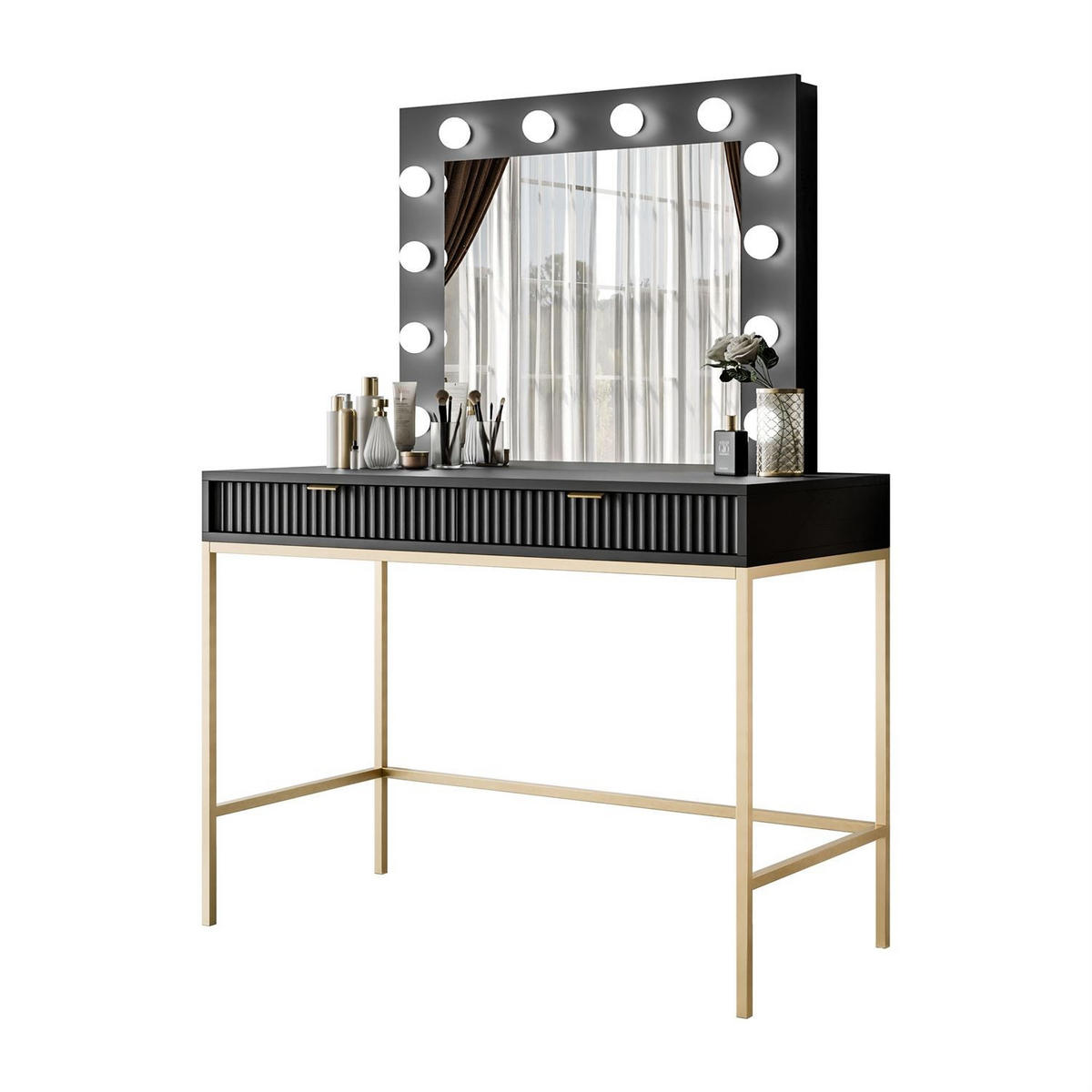 SCHMINKTISCH MIT SPIEGEL CORTADO GOLD T104 SCHWARZ - Schwarz, Holzwerkstoff (104/78/50cm) - Lookway