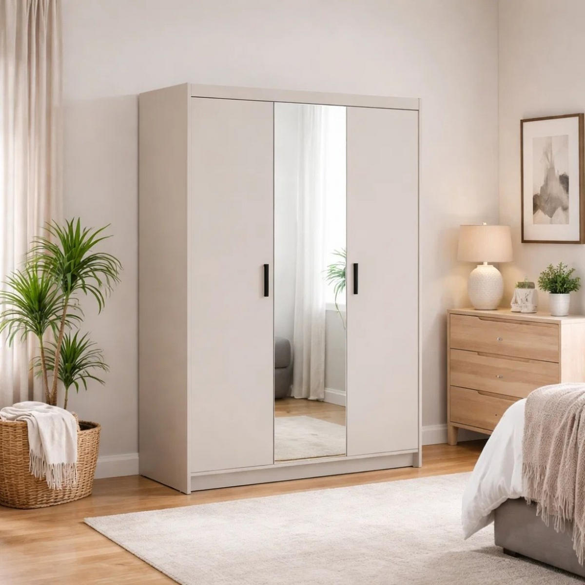 DREHTÜRENSCHRANK Elena mit 3 Türen, mit Spiegel, Sandbeige - Sandfarben, Holzwerkstoff (130/190/53cm) - Beautysofa