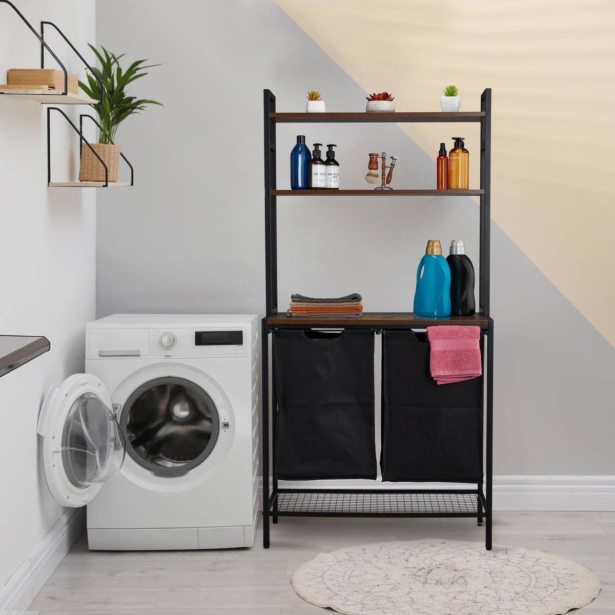 KOŠ na prádlo - různobarevná, kov/kompozitní dřevo (80/162/34cm) - Relaxdays