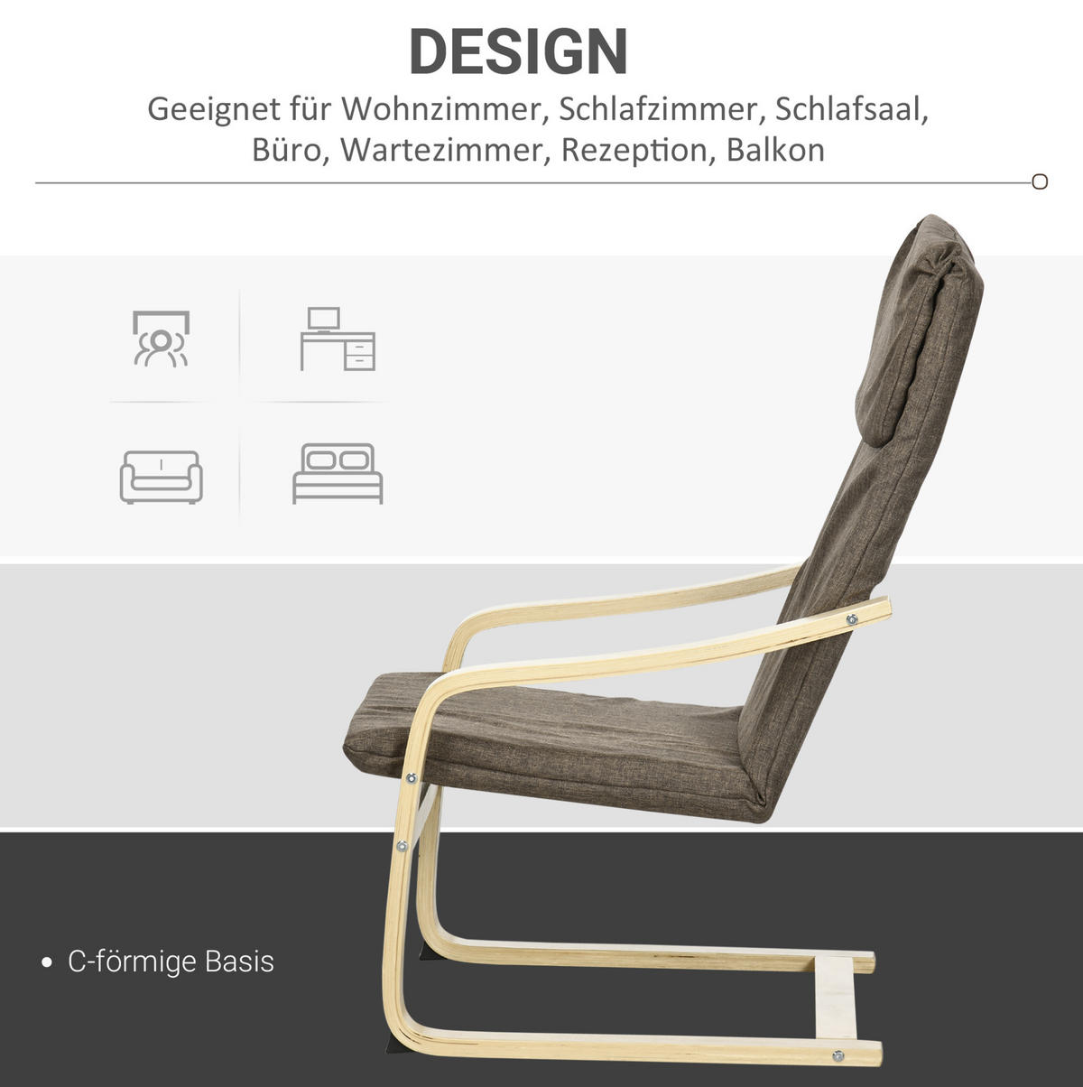 RELAXSESSEL Leinenoptik mit Kopfkissen, Holzgestell C-Form 65/69/98 cm Braun - Braun, Textil (65/98/69cm) - Redom