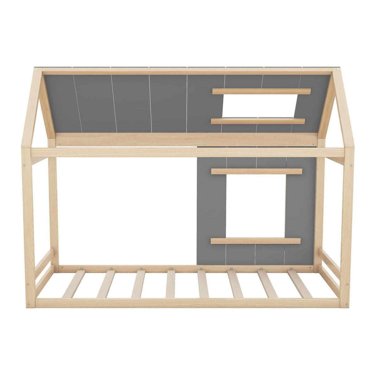 KINDERBETT aus Kiefernholz und MDF 90x200 cm Natur/Grau in Hausform mit Dach und Fenster - Grau, Holzwerkstoff (90/200cm) - IVMEU