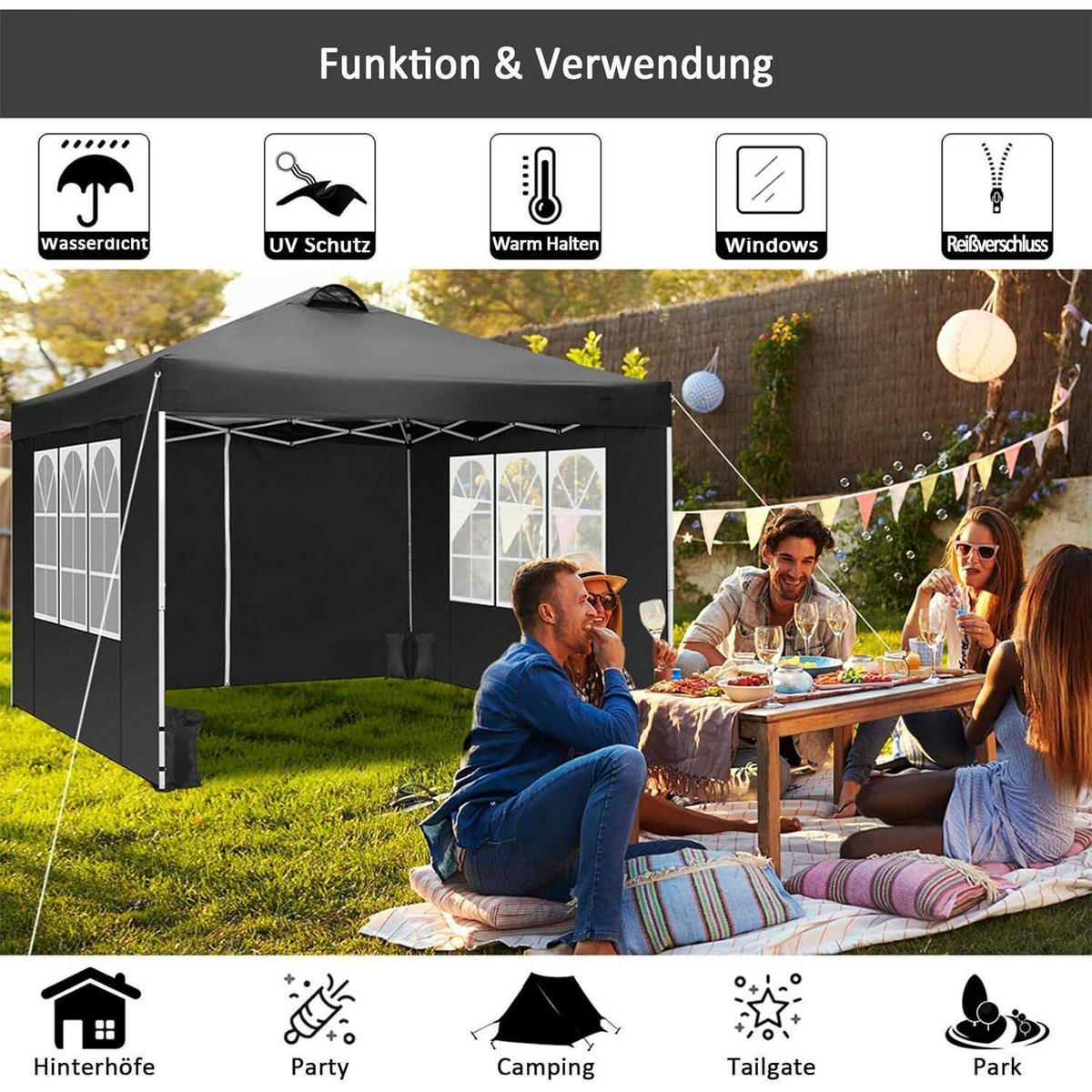 FALTPAVILLON 3 x 3 m Schwarz mit Seitenteilen - Schwarz, Textil (304.8/609.6/304.8cm)