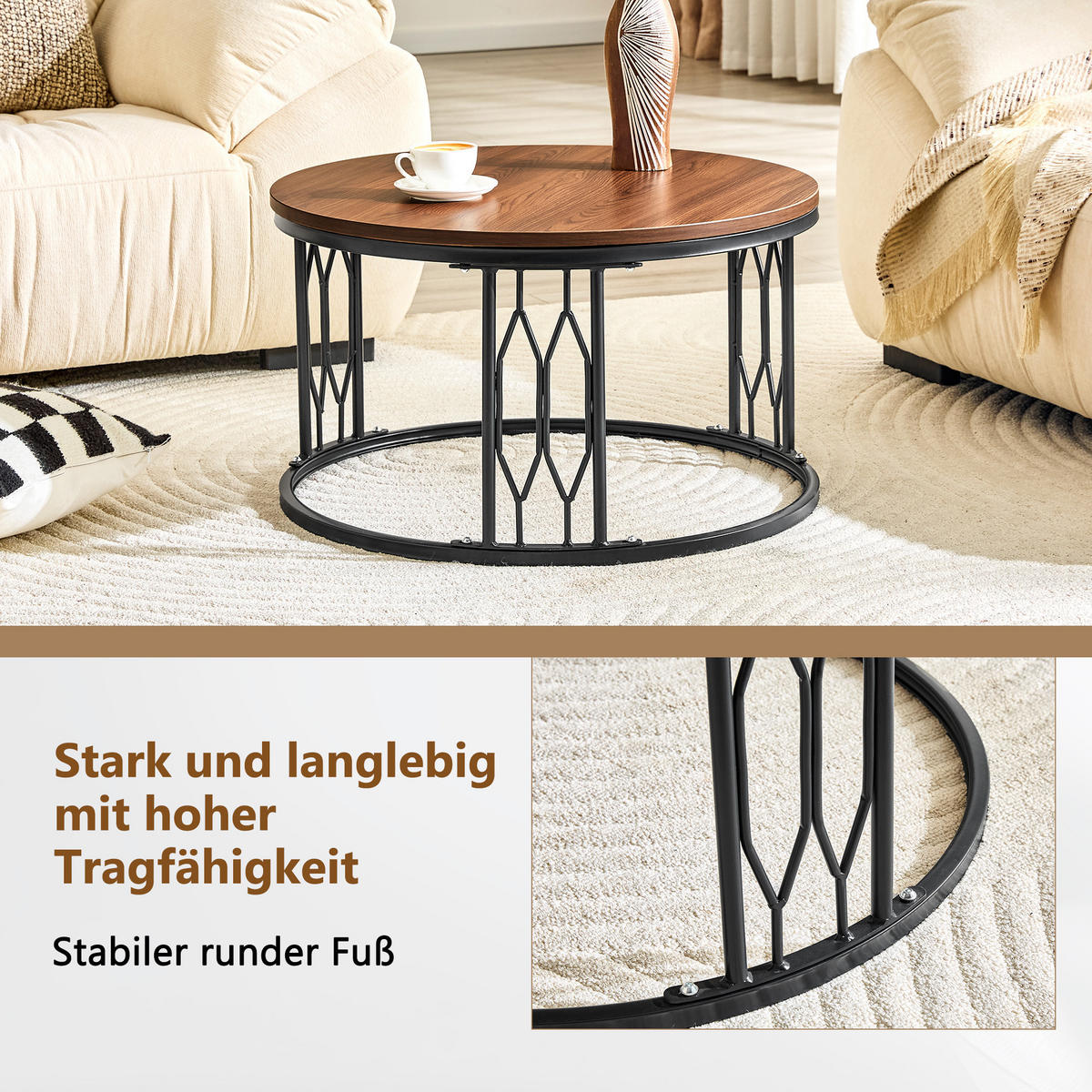 COUCHTISCH DE-37365 rund mit Holzoptik Walnuss - Walnussfarben, Metall (70/70/40.5cm) - ComfortXL