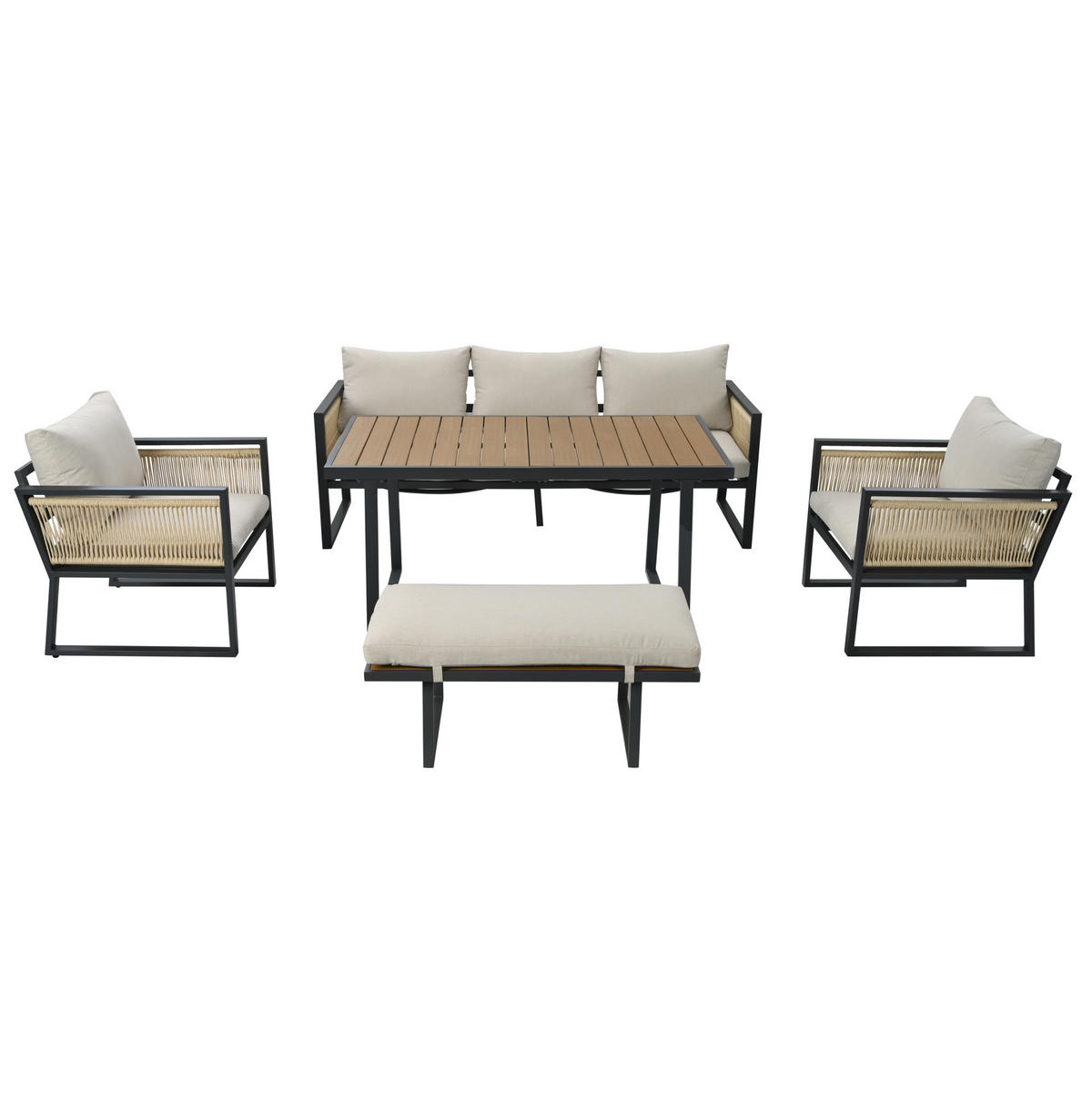 GARTENMÖBEL-SET 187/67/63 cm beige aus verzinktem Stahl und Polyester mit Kunststoffholz-Tischplatte - Beige, Textil - OKWISH
