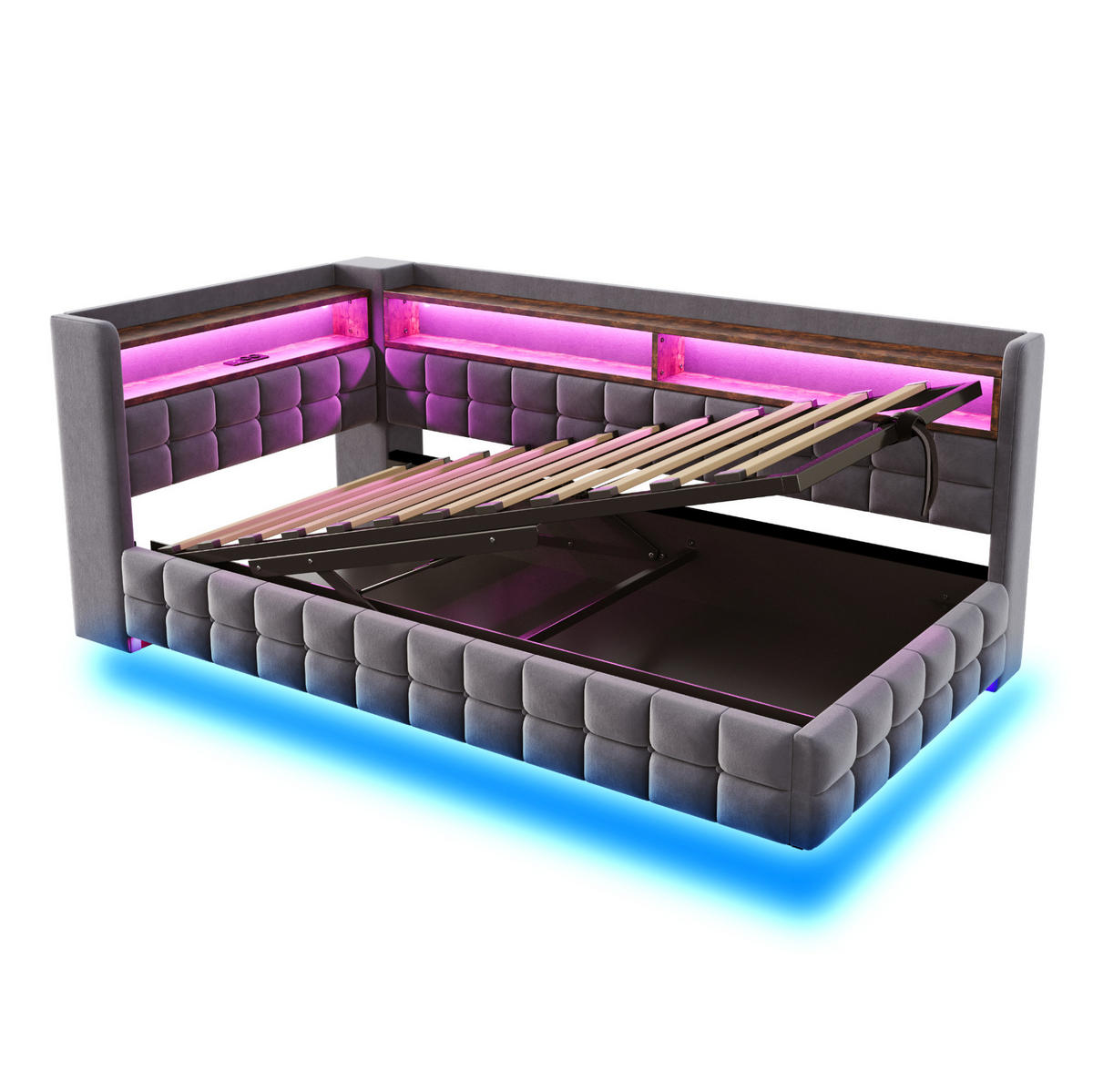 POLSTERBETT 90/200 cm mit Samtbezug, LED-Beleuchtung, Steckdose, USB-C, hydraulischem Stauraum und Regalen, Grau - Grau, Textil (90/200cm) - Redom
