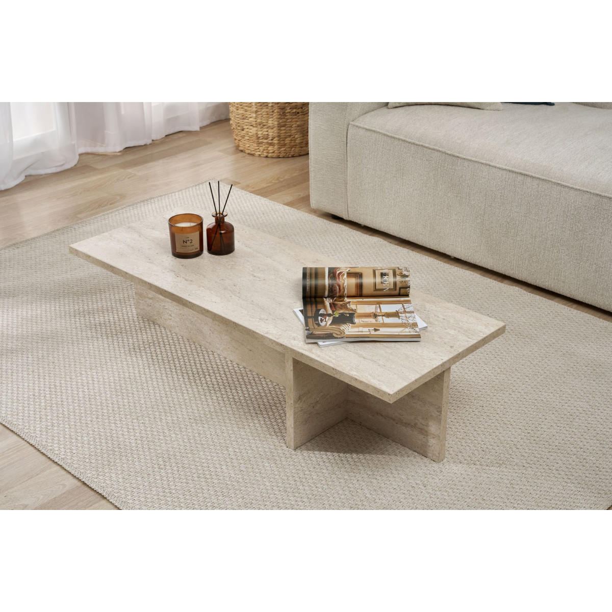 COUCHTISCH mit rechteckiger Platte und asymmetrischem Fuß L120 cm - HARBOR - Beige, Holzwerkstoff (50/45/30cm) - Calicosy