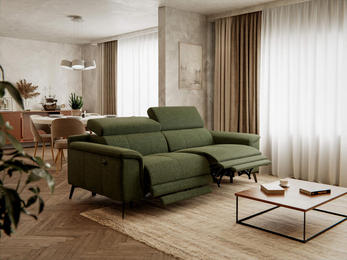 RELAXSOFA FIERO 3-Sitzer mit 2 Relaxfunktionen, olivgrün - Schwarz/Olivgrün, Holzwerkstoff/Textil (212/82/103cm) - Courtois Laville