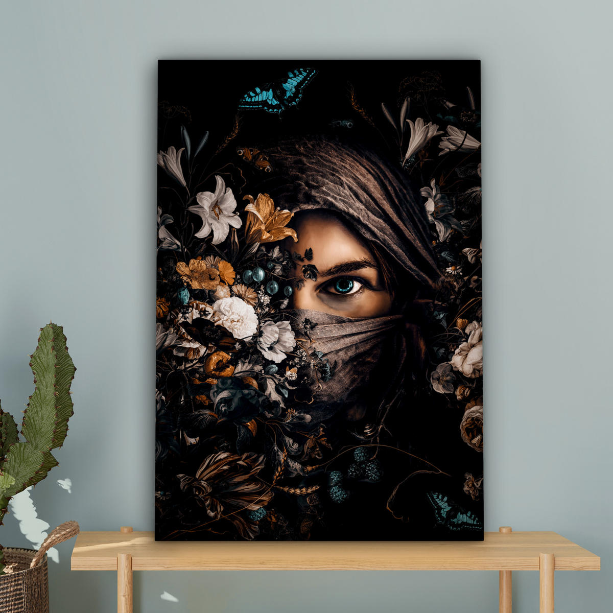 LEINWANDBILD Frau - Luxus - Blumen - Schmetterling - Porträt Wanddeko 40x60 cm - Schwarz, Textil (40/60cm) - MuchoWow