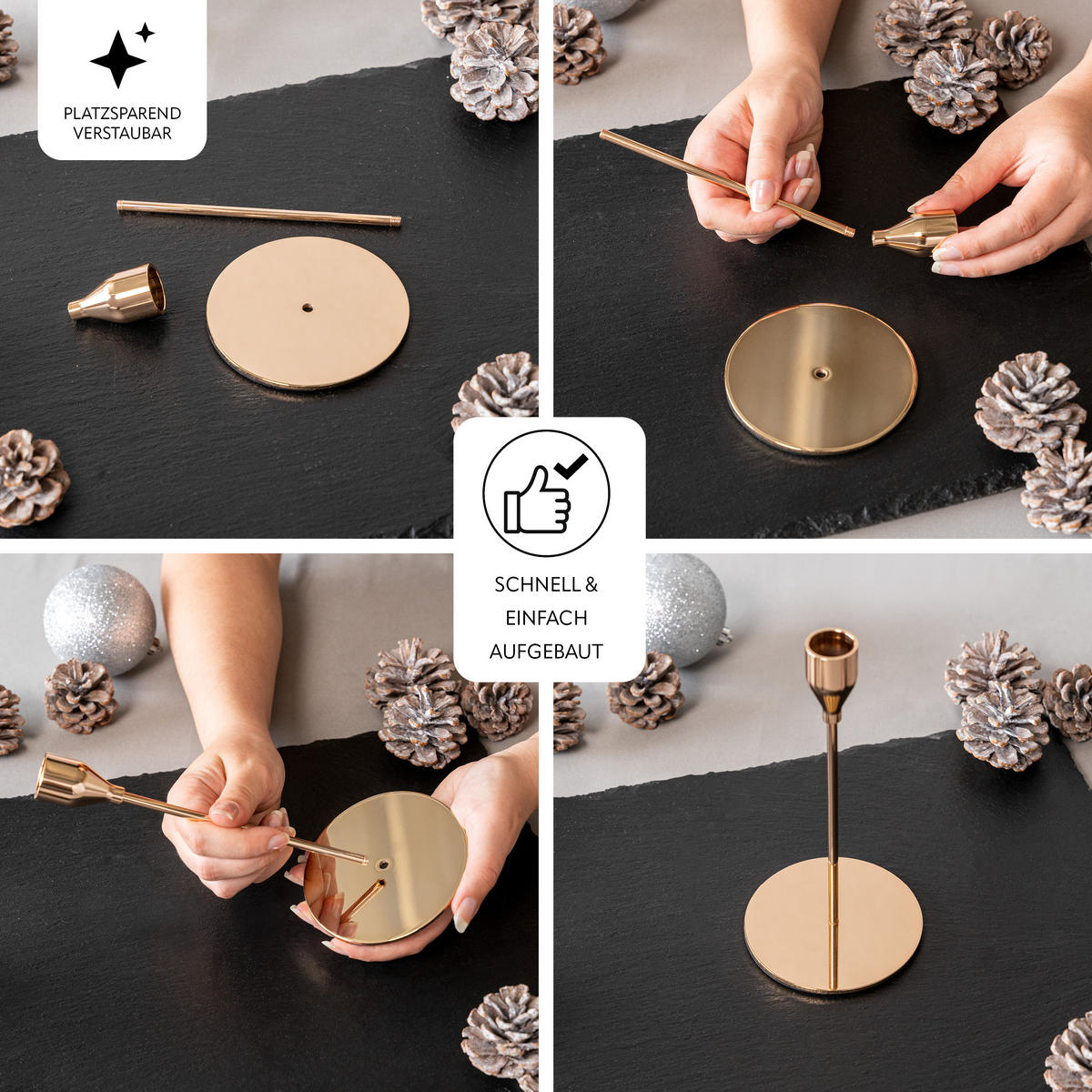 KERZENHALTER 4er-Set, Gold, Aluminium, Stahl - Roségold, Metall (10/32/10cm) - bremermann