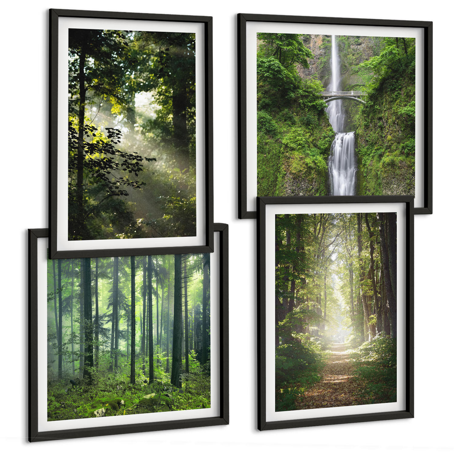 BILDER SET 4er Set - 50x50 cm & 40x60 cm Schwarzer Rahmen - Grüne Wälder, Lichtstrahlen - Schwarz, Kunststoff (50/50cm) - TULUP