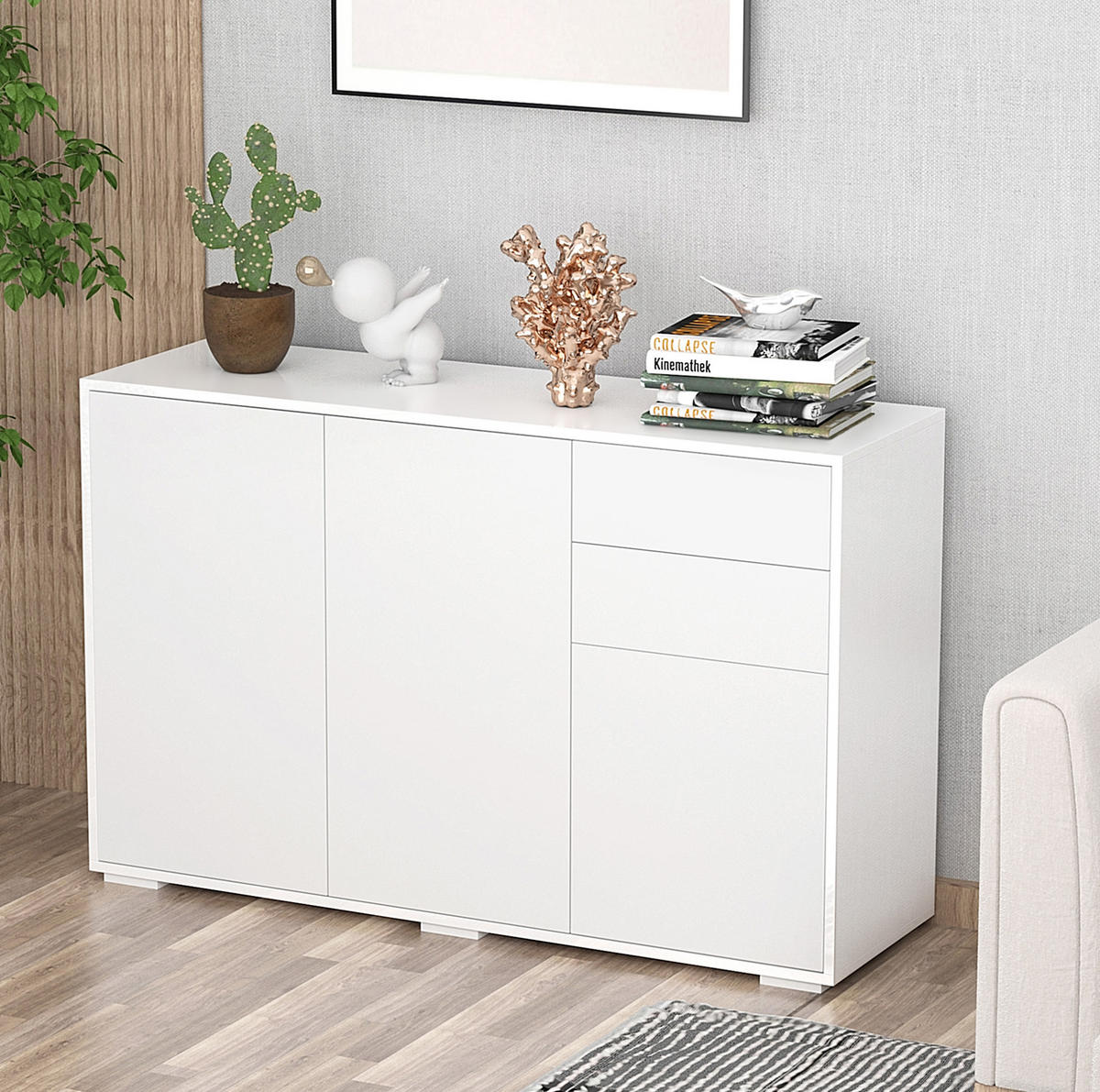SIDEBOARD aus MDF 117x36x74 cm Weiß mit 2 Schubladen, höhenverstellbaren Einlegeböden und Druckmechanismus - Weiß, Holzwerkstoff (117/74/36cm) - IVMEU