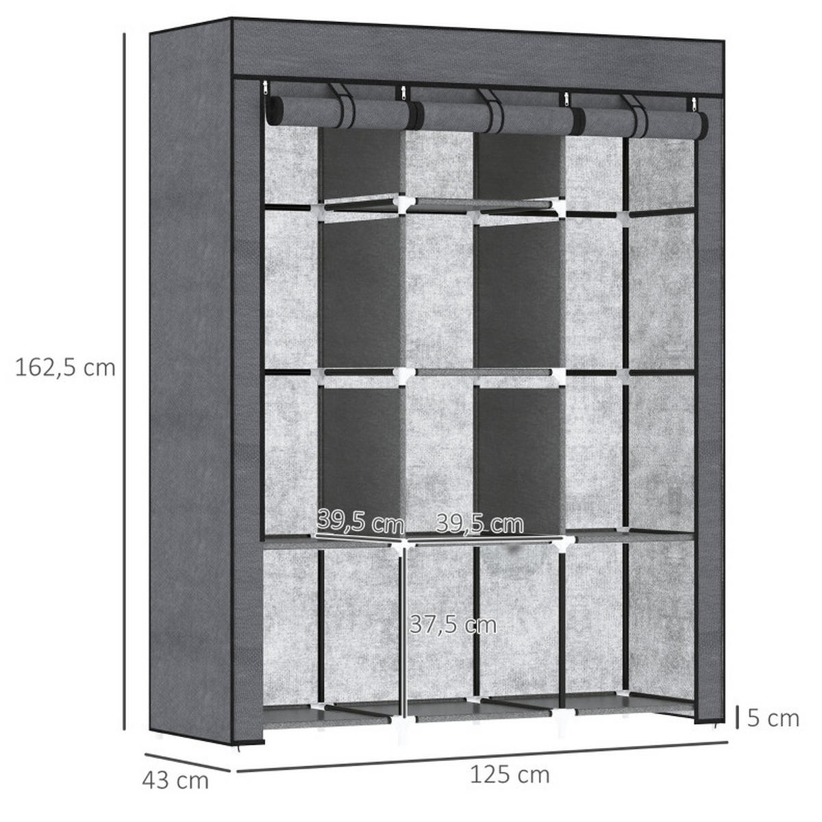 KLEIDERSCHRANK aus Vliesstoff 125x43x162,5 cm Dunkelgrau mit 2 Kleiderstangen und 8 Ablagen, staubgeschützt - Dunkelgrau, Textil (125/162.5/43cm) - Modfu