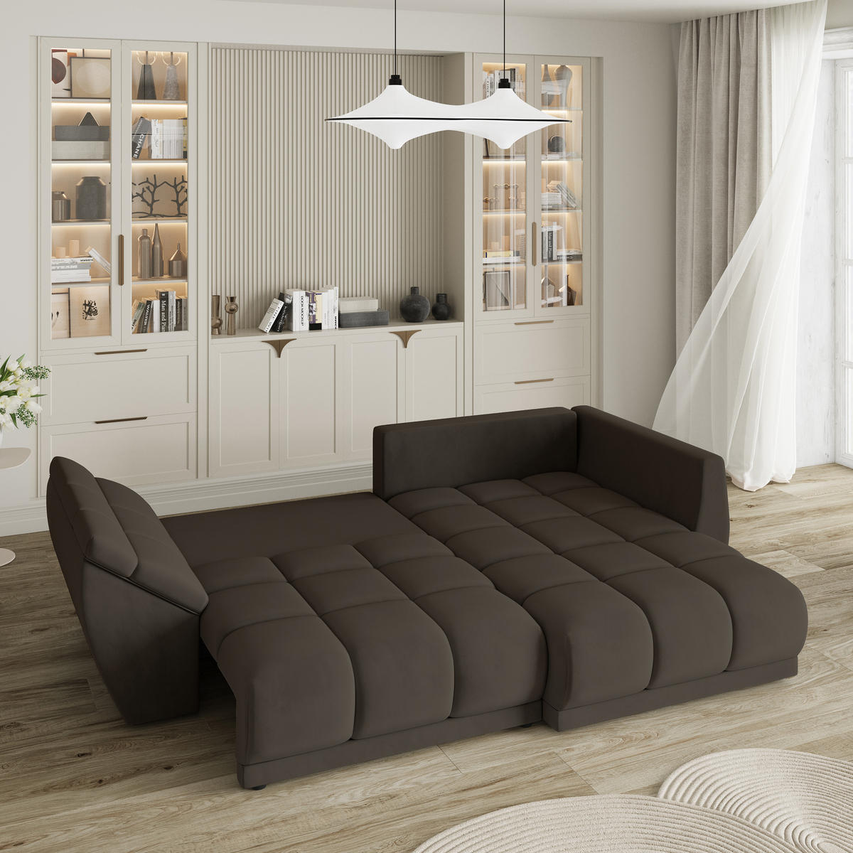 ECKSOFA ORENTI R-S Braun Velours-Stoff mit Schlaffunktion - Braun, Holz (287/182cm) - MASSENO
