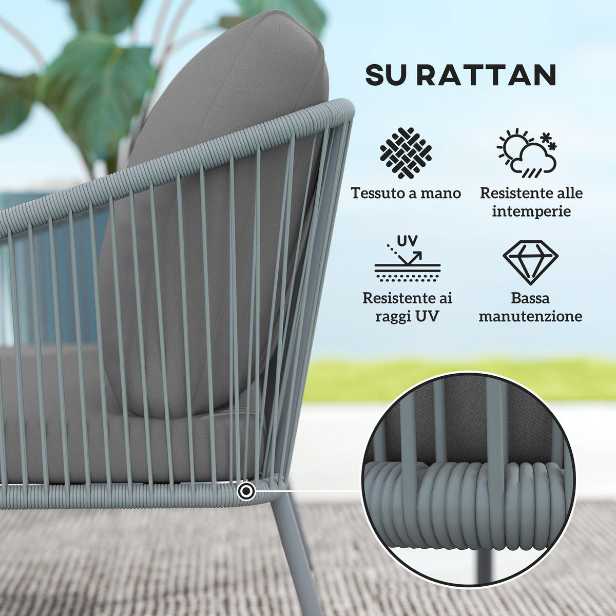 SOFA, 2-Sitzer, Boho, abnehmbare Kissen, PE-Rattan, Stahl, grau, 112x72x76cm - Multicolor, Holzwerkstoff (112/76/72cm) - FORIOUS