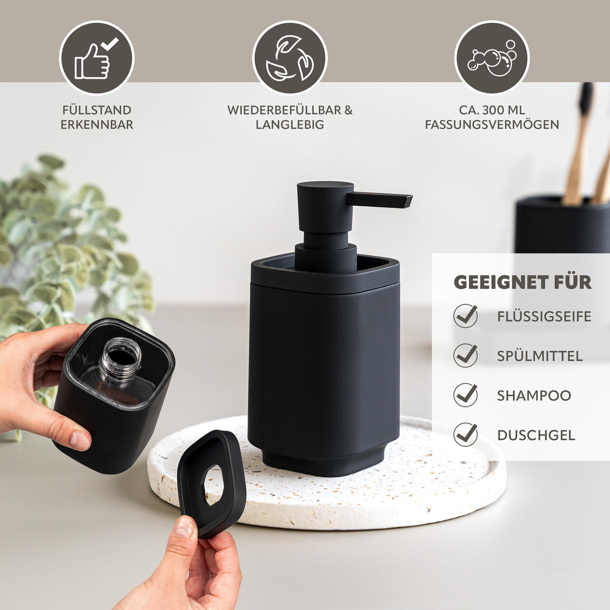 BAD-ACCESSOIRES-SET VALONA, Soft-Touch, schwarz - Schwarz, Kunststoff (18/2.5/9.5cm) - eluno