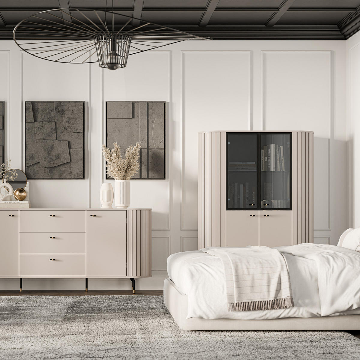 VITRINE Zalia mit Glastüren und Stauraum, mit LED-Beleuchtung, im Retro-Stil, 112 cm, Kaschmir - Kaschmir, Holzwerkstoff (112/155/40cm) - Beautysofa