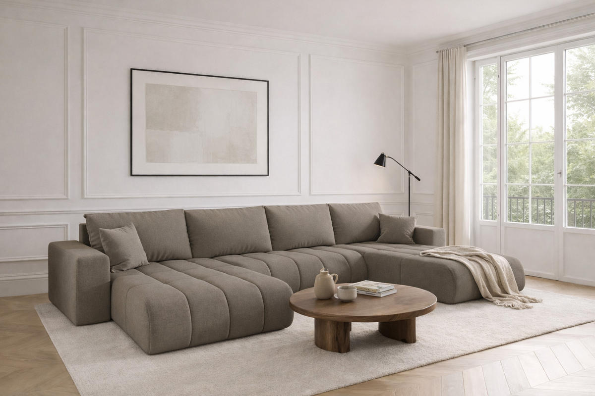 ECKSOFA mit schlaffunktion und bettkasten MILO U PREMIUM, stoff WIND, Braungrau - Braun, Holz (384/190cm) - Kaiser Möbel