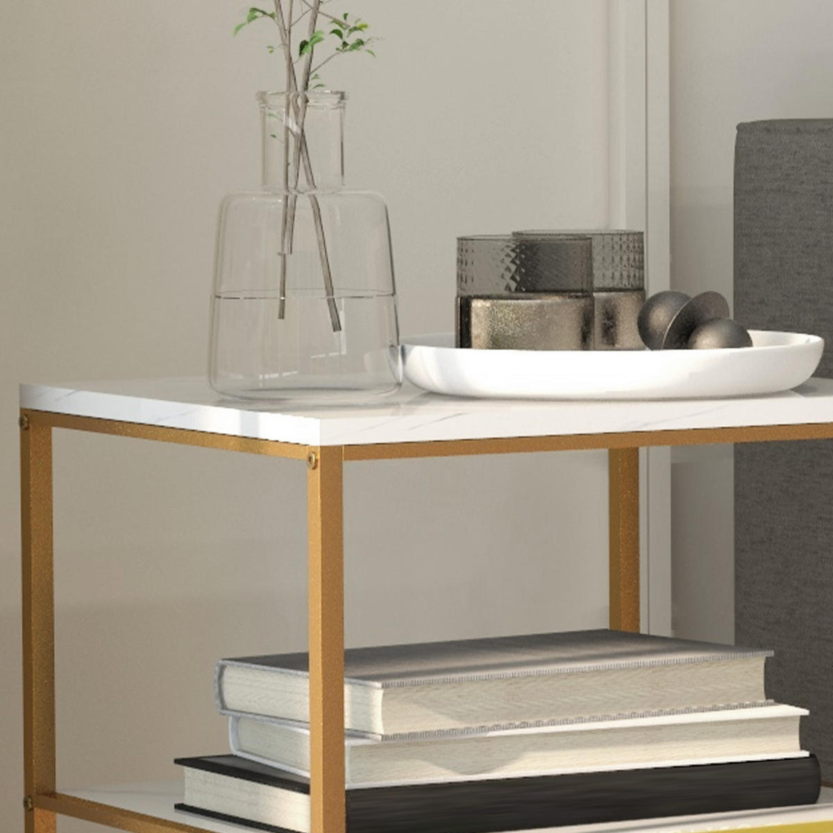 BEISTELLTISCH DE-15827 mit 2 Marmorablagen Weiß - Weiß, Holzwerkstoff (44/40/54.5cm) - ComfortXL