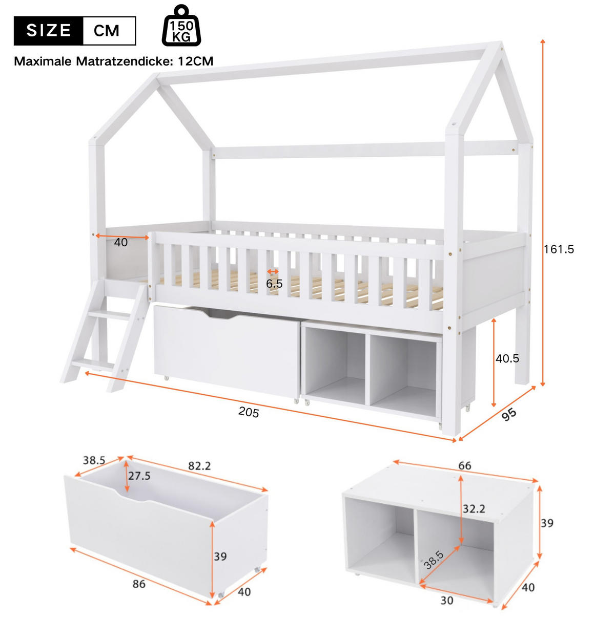 KINDERBETT 90/200 cm im Baumhausstil mit Treppe, Geländer, Schubladen und Schrank aus Kiefern, Weiß - Weiß, Holzwerkstoff (90/200cm) - Redom