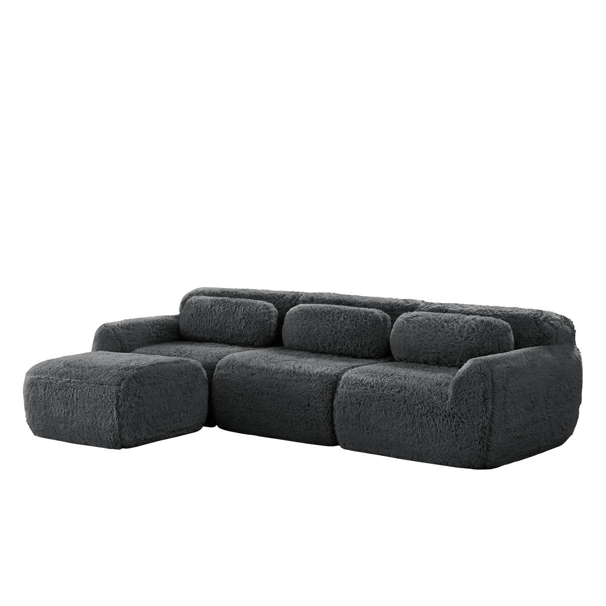 ECKSOFA 291/179/73 cm Grau Plüsch mit 1 Fußhocker und 2 kleinen Dekokissen - Grau, Textil (291/179cm) - Oxeza