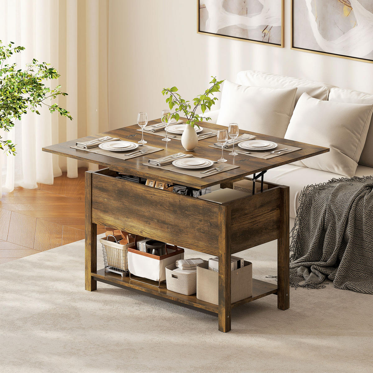 COUCHTISCH DE-15833 2 klappbare Platten Rostbraun - Braun, Holzwerkstoff (100/90/63.5cm) - ComfortXL