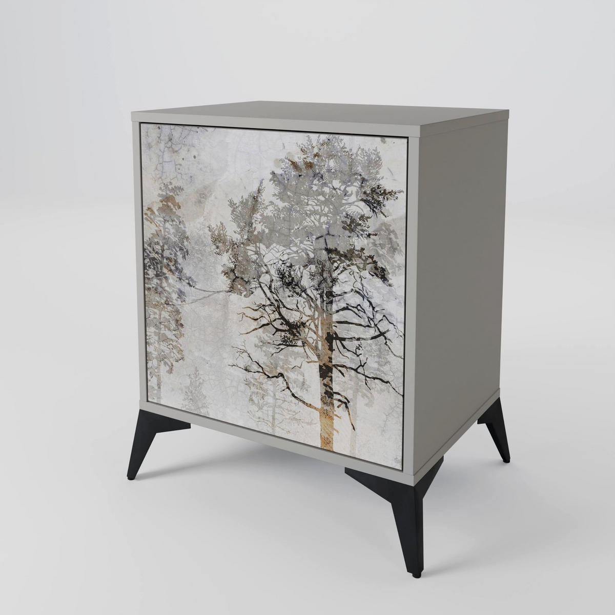 SIDEBOARD FADE IN THE TREES, Grau, 57,5x42x77,5 cm, Schräge Buchenholzfüße - Buchefarben/Multicolor, Holzwerkstoff/Buchenholz (57.5/77.5/42cm) - SpaceRebels