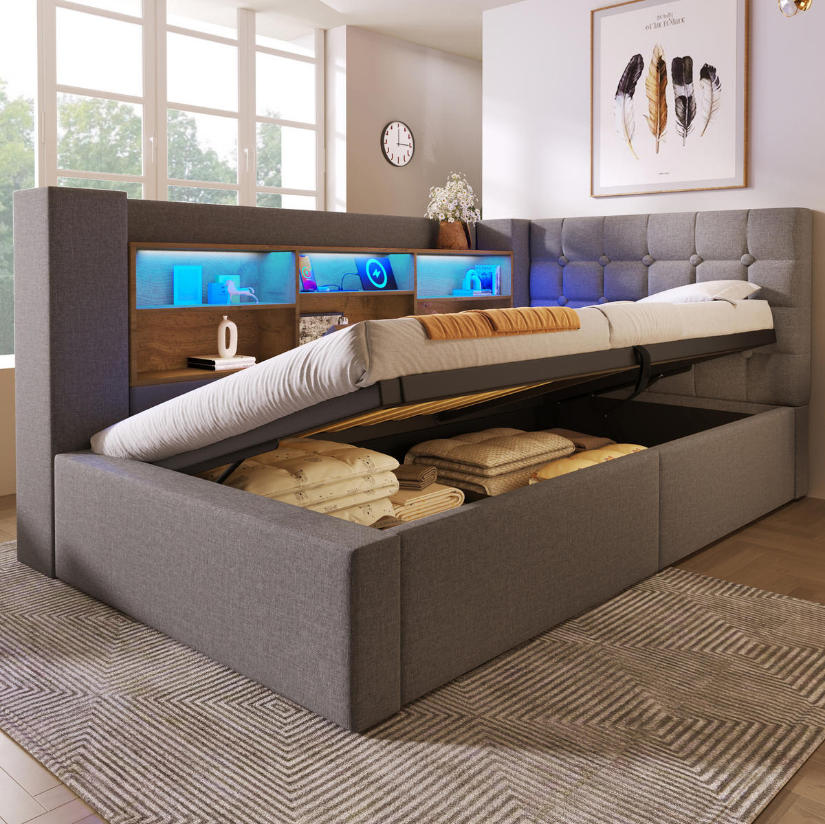 BETT mit LED und Stauraum inkl. Matratze 90x200 cm Leinen Grau - Grau, Metall (90/200cm) - Meubliv
