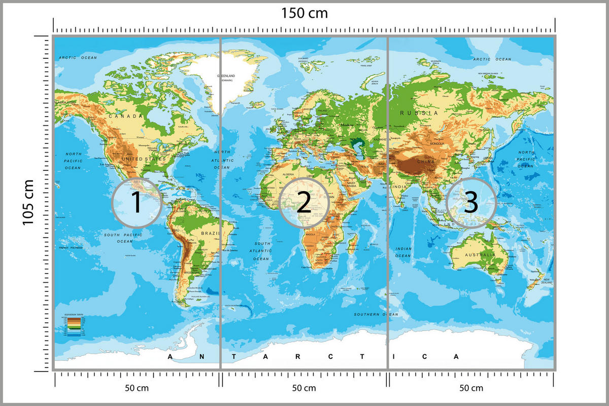 FOTOTAPETE für Wohnzimmer Physische Weltkarte Schriften 150x105 - Blau/Gelb, Papier (150/105cm) - Muralo